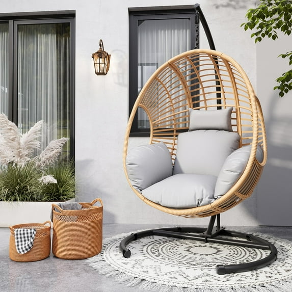 TQKVIPI Oversized Hanging Egg Chair Outdoor Indoor, Wicker Swing Egg Chair with Stand Rain Cover UV Resistant Cushion 400lbs Capacity for Bedroom, Patio, Garden and Balcony (Beige-nest)