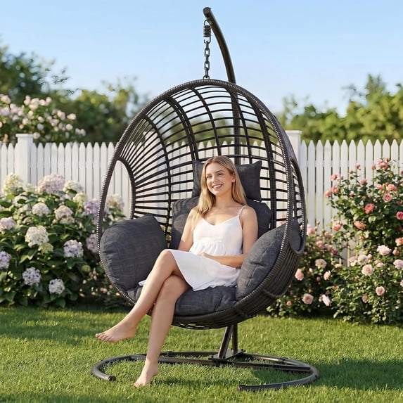 TQKVIPI Oversized Hanging Egg Chair Outdoor Indoor, Wicker Swing Egg Chair with Stand Rain Cover UV Resistant Cushion 400lbs Capacity for Bedroom, Patio, Garden and Balcony (Black-Regular)