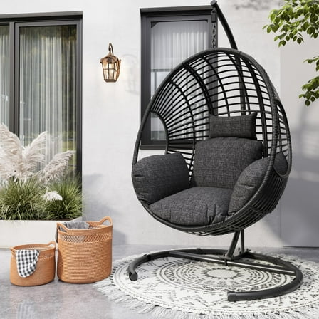 TQKVIPI Oversized Hanging Egg Chair Outdoor Indoor, Wicker Swing Egg Chair with Stand  Rain Cover UV Resistant Cushion 400lbs Capacity for Bedroom, Patio, Garden and Balcony (Black-Regular)