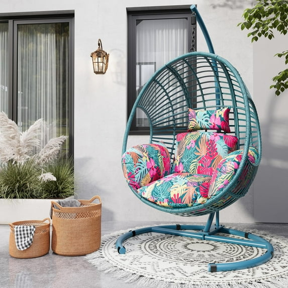 Oversized Hanging Egg Chair Outdoor Indoor, Wicker Swing Egg Chair with Stand Rain Cover UV Resistant Cushion 400lbs Capacity for Bedroom, Patio, Garden and Balcony (Hawaii Blue-Regular)