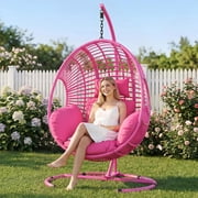 Oversized Hanging Egg Chair Outdoor Indoor, Wicker Swing Egg Chair with Stand Rain Cover UV Resistant Cushion 400lbs Capacity for Bedroom, Patio, Garden and Balcony Pink-Regular