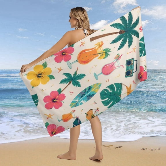 Oversized Hawaiian Tropical Beach Towel Absorbent Quick Dry Beach Blanket with Palm Leaf Flower Print Travel Bath Towel for Swimming Pool Beach Spa