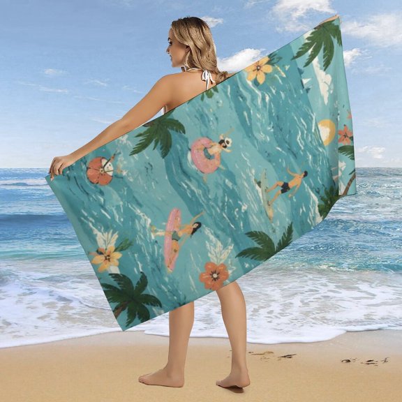 Oversized Hawaiian Tropical Beach Towel Absorbent Quick Dry Beach Blanket with Palm Leaf Flower Print Travel Bath Towel for Swimming Pool Beach Spa