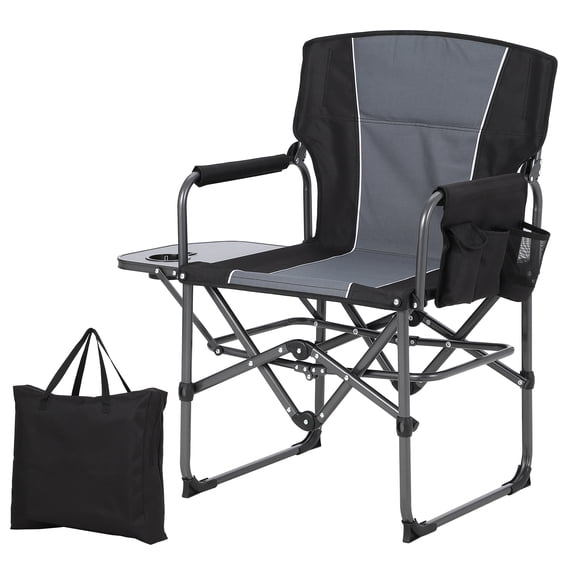 Oversized Heavy Duty Director's Camping Chair for Adults, Portable Folding Lawn Chair with Side Table & Storage Pouch, Supports 330 lbs, Lightweight Aluminum Frame for Outdoor, Beach Black + Grey