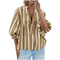 Oversized Henley Neck Shirts for Womens，Womens Striped Collared Shirt Button Down Shirts 3/4 Puff Sleeve Blouses Tops Light Breathable Sweatshirt Spring Outfits 2025 Pullover Fall Winter Clothes