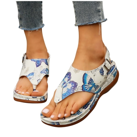 Oversized Herringbone Sandals Butterflys Print Back Buckle Sloping Heel Sandals Summer Sandals White 37