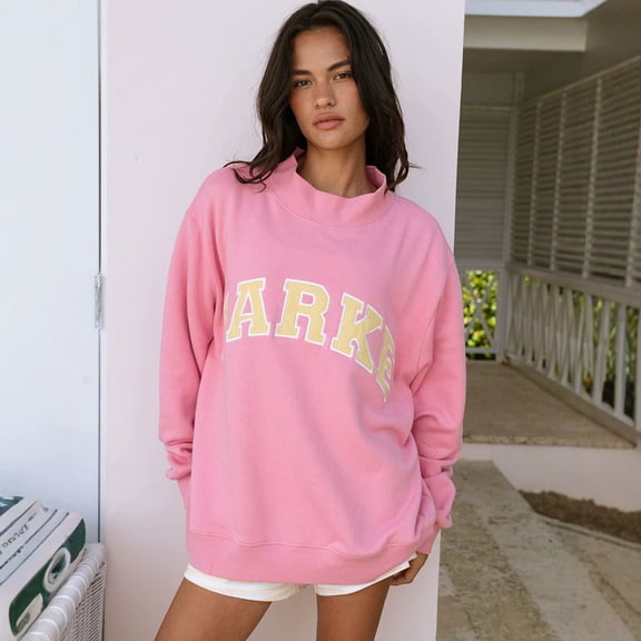 Oversized High Collar Cotton Sweatshirt, PARKE Letter Patch Embroidery Loose Long Sleeve Casual Pullover Tops