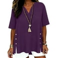 thumbnail image 1 of Oversized High-Low T-Shirt, Casual Solid Print Side Split Button Short Sleeve V-Neck Tees, Women’s, 1 of 6