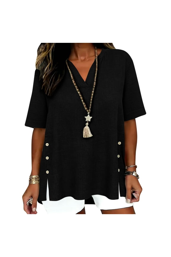 Oversized High-Low T-Shirt, Casual Solid Print Side Split Button Short Sleeve V-Neck Tees, Women’s