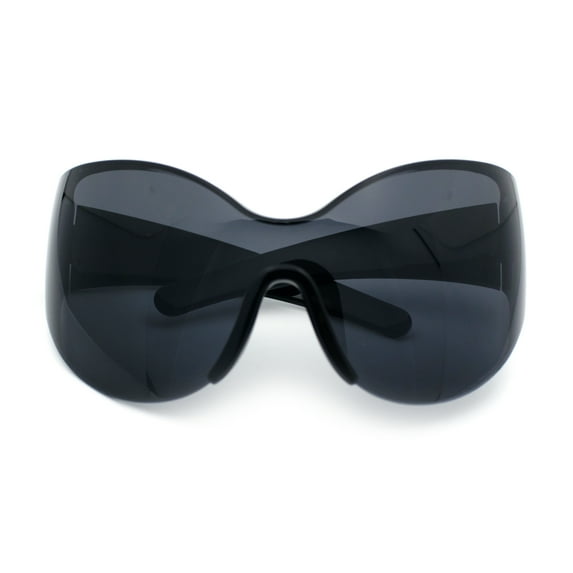 Oversized High Temple Wrap Around Shield Rimless Futurism Sunglasses Black
