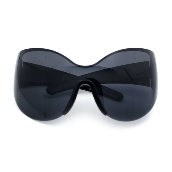 Oversized High Temple Wrap Around Shield Rimless Futurism Sunglasses Black
