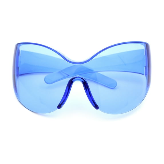 Oversized High Temple Wrap Around Shield Rimless Futurism Sunglasses Blue
