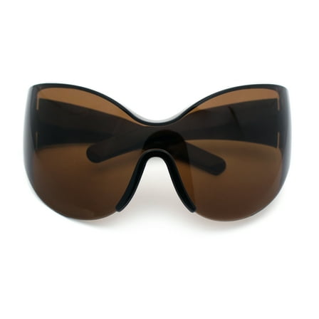 Oversized High Temple Wrap Around Shield Rimless Futurism Sunglasses Brown