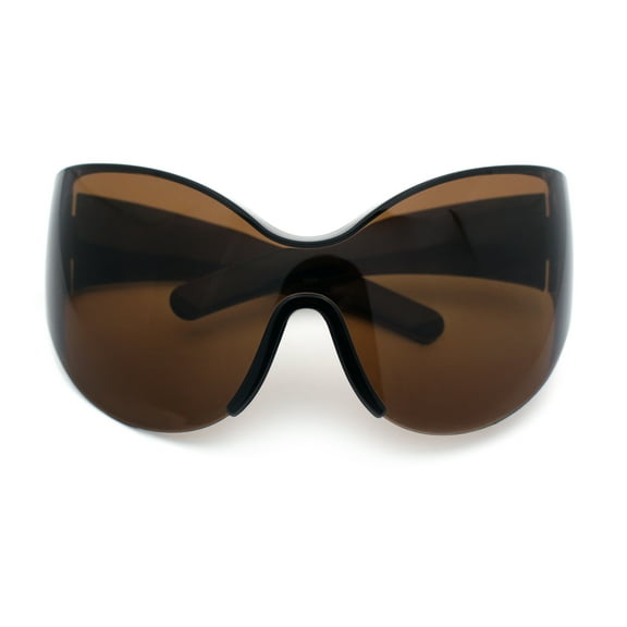 Oversized High Temple Wrap Around Shield Rimless Futurism Sunglasses Brown