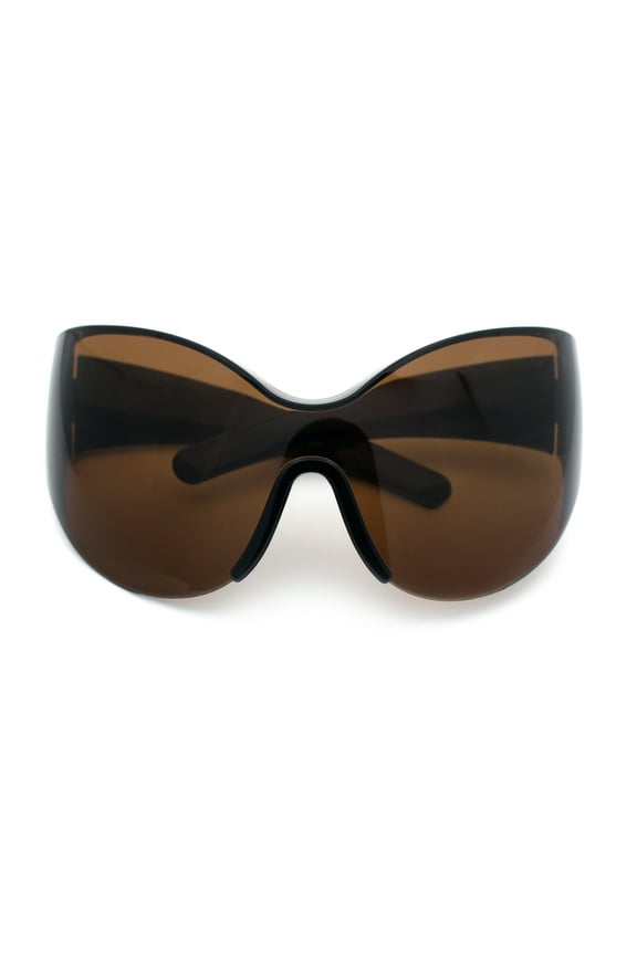 Oversized High Temple Wrap Around Shield Rimless Futurism Sunglasses Brown