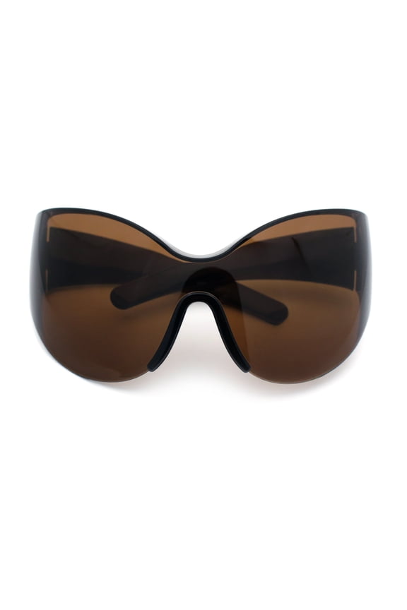 Oversized High Temple Wrap Around Shield Rimless Futurism Sunglasses Brown