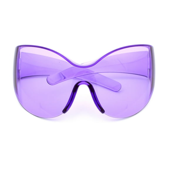 Oversized High Temple Wrap Around Shield Rimless Futurism Sunglasses Purple