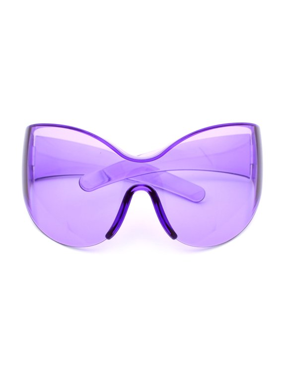 Oversized High Temple Wrap Around Shield Rimless Futurism Sunglasses Purple
