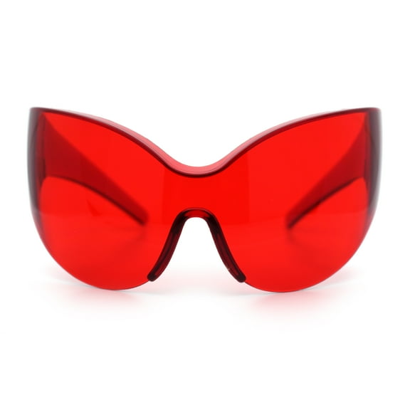 Oversized High Temple Wrap Around Shield Rimless Futurism Sunglasses Red