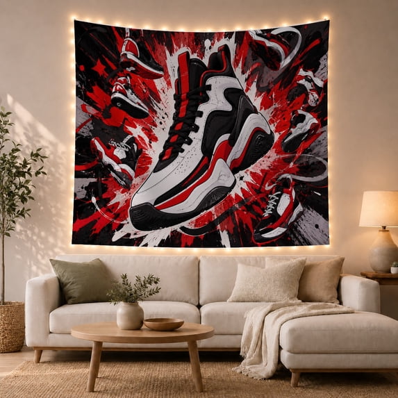 Oversized High-Top Sneaker on Abstract Red and Black Brushstroke Background, Energetic Illustration for Teen Boys, Graphic Wall Art Decor, Birthday Gift Tapestry Wall Hanging for Bedroom and Dorm