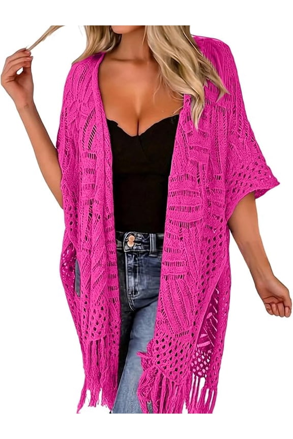 Oversized Hollow Out Crochet Cardigan for Women, Lightweight Open Front Tassel KnitSweater, Plus Size 3/4 Sleeve Boho Beach Summer Cover Up