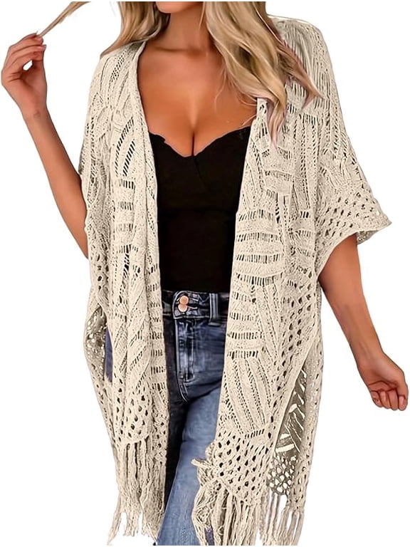 Oversized Hollow Out Crochet Cardigan for Women, Lightweight Open Front Tassel KnitSweater, Plus Size 3/4 Sleeve Boho Beach Summer Cover Up