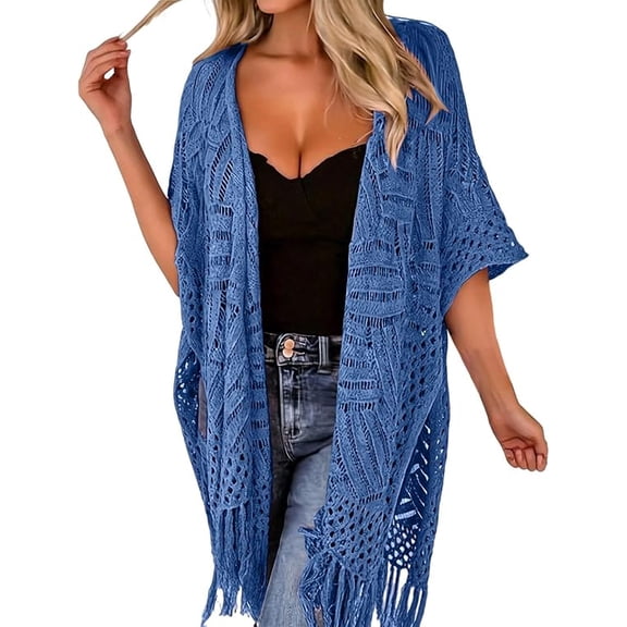Oversized Hollow Out Crochet Cardigan for Women, Lightweight Open Front Tassel KnitSweater, Plus Size 3/4 Sleeve Boho Beach Summer Cover Up