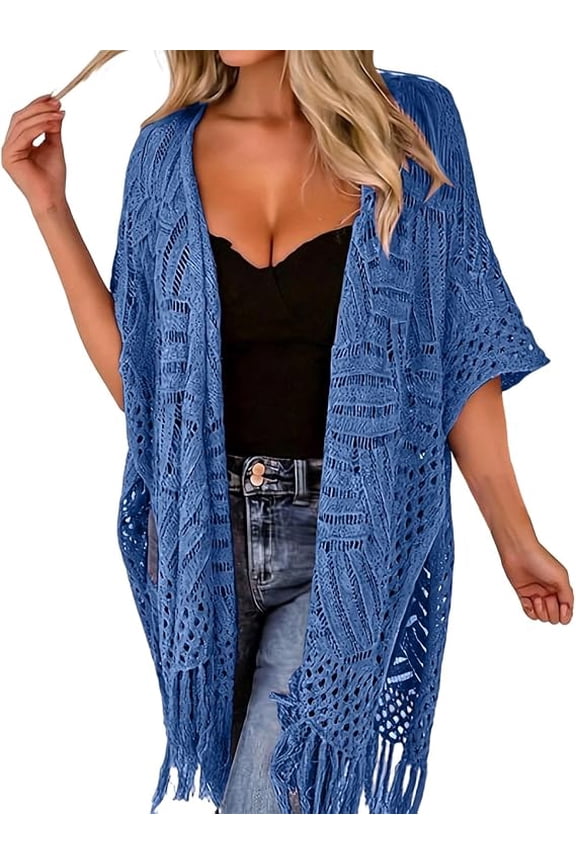 Oversized Hollow Out Crochet Cardigan for Women, Lightweight Open Front Tassel KnitSweater, Plus Size 3/4 Sleeve Boho Beach Summer Cover Up