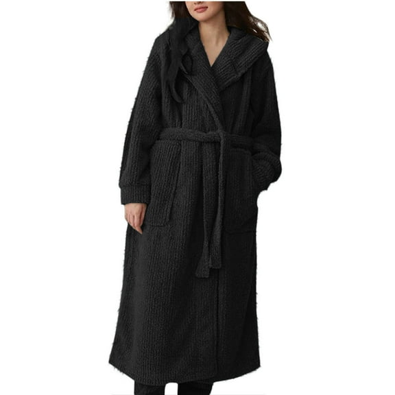 Oversized Hooded Bathrobe for Women 2024 Solid Warm Fleece Coral Velvet Loungewear Casual Lounge Sleepwear for Fall Winter