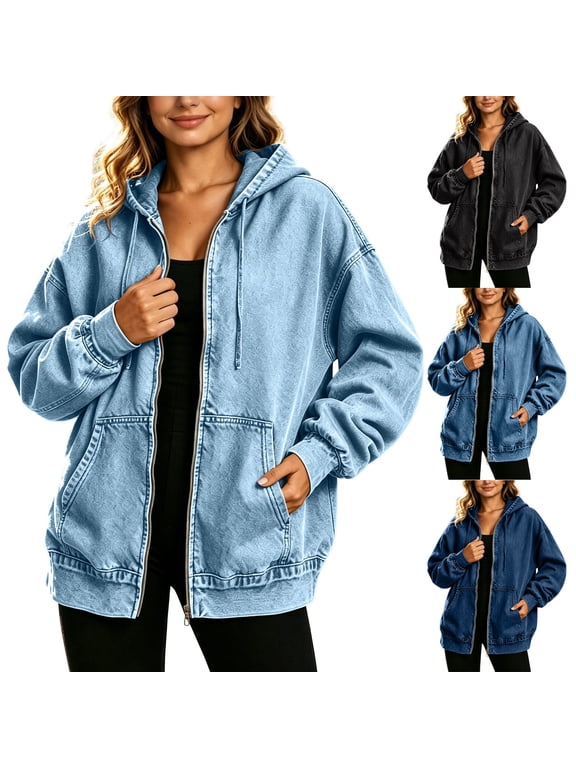 Oversized Hooded Denim Jackets for Women Long Sleeve Drawstring Casual Outerwear Zip Up Streetwear Coat with Kangaroo Pockets