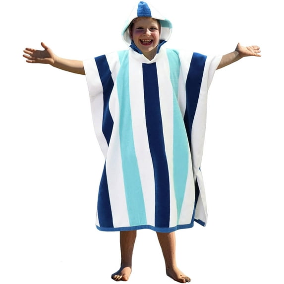 Oversized Hooded Kids Bath Towel Wrap - 100% Terry, Super Soft Plush, Quick Dry, Stripes Blue, Perfect for Toddler Shower, Pool, Beach, Easy Care Gift