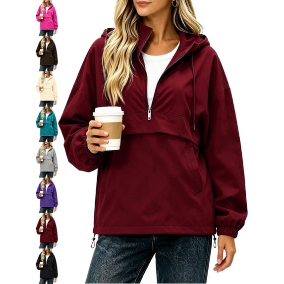 Oversized Hooded Rain Jacket for Women Zip Up Waterproof Windproof Solid-Color Windbreaker Waterproof Long-Sleeve Top With Detachable Hood