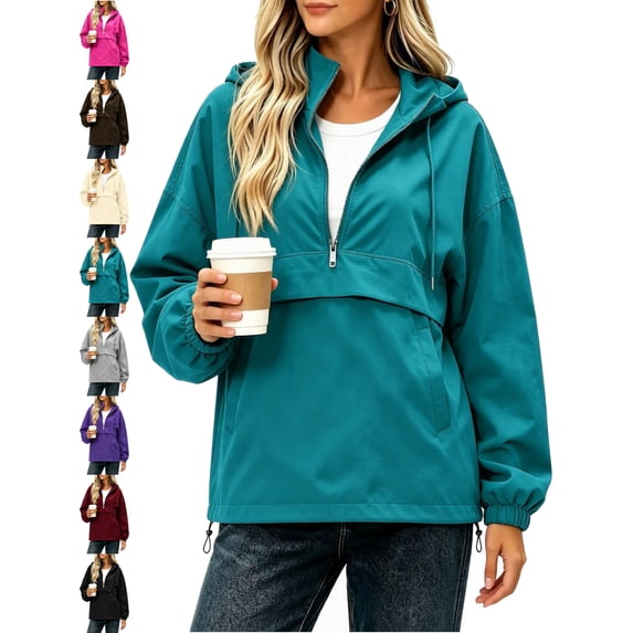 Oversized Hooded Rain Jacket for Women Zip Up Waterproof Windproof Solid-Color Windbreaker Waterproof Long-Sleeve Top With Detachable Hood