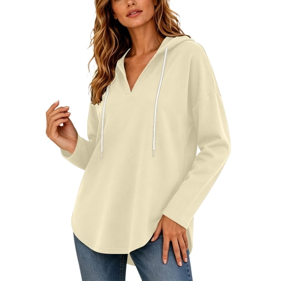 Oversized Hooded Sweatshirt for Women Long Sleeve Drawstring V Neck Pullover Sweatshirts Loose Casual Fall Tops (S, Beige)