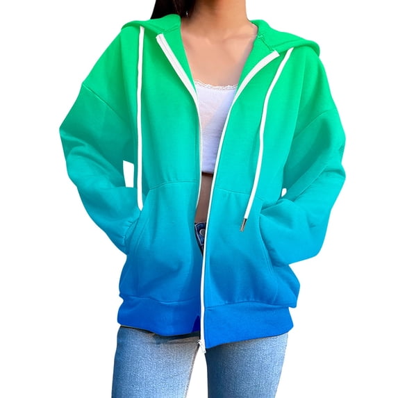 Oversized Hooded Sweatshirt for Women Long Sleeved Gradient Printed Hoodies Crew Neck Casual Pullover Tops Trendy 2025