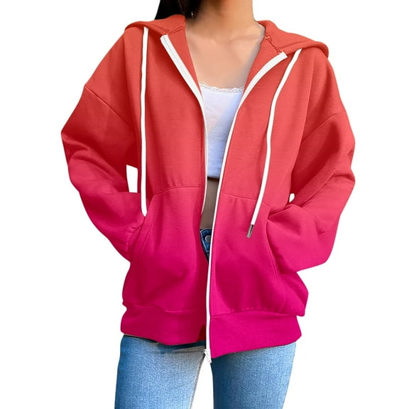 Oversized Hooded Sweatshirt for Women Long Sleeved Gradient Printed Hoodies Crew Neck Casual Pullover Tops Trendy 2025