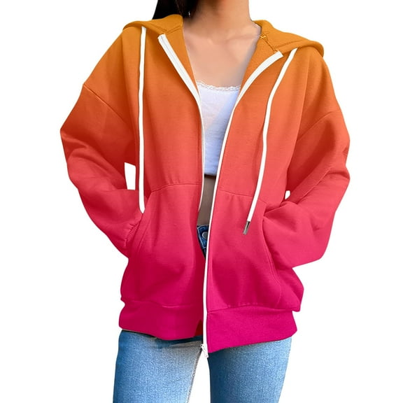 Oversized Hooded Sweatshirt for Women Long Sleeved Gradient Printed Hoodies Crew Neck Casual Pullover Tops Trendy 2025