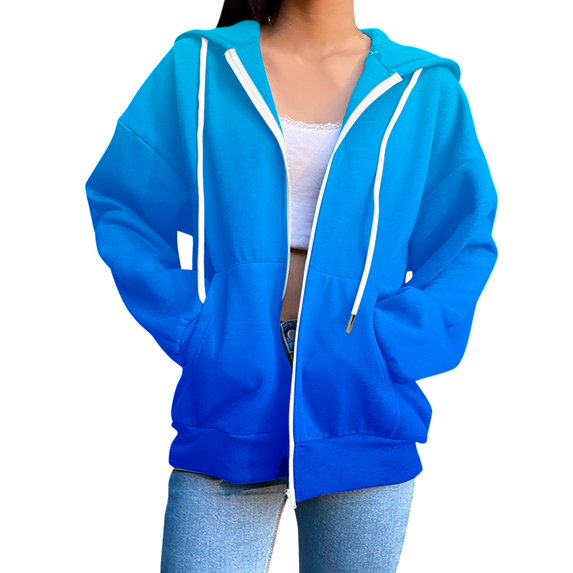 Oversized Hooded Sweatshirt for Women Long Sleeved Gradient Printed Hoodies Crew Neck Casual Pullover Tops Trendy 2025