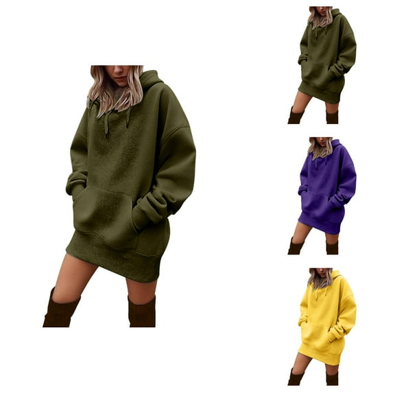 Oversized Hoodie Dress 2025 Long Sleeve Mid Length Plain Hooded Sweatshirt with Pockets Pullover Hoodies for Women