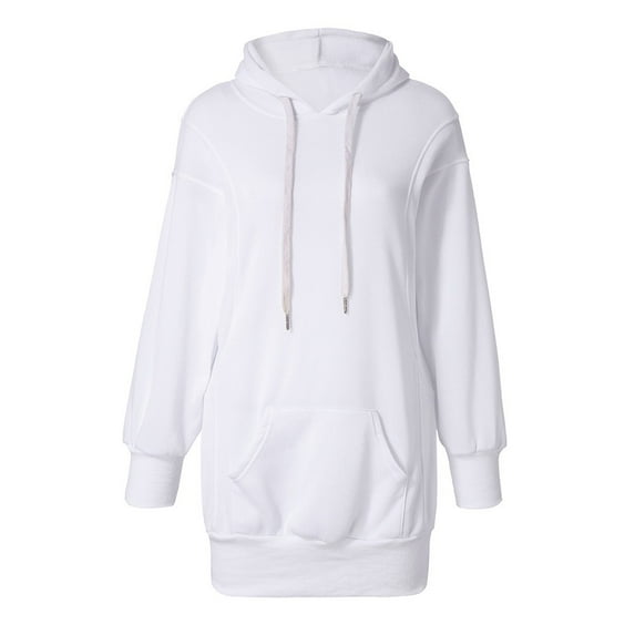 Oversized Hoodie Dress Womens Fleece Lined Long Sleeve Drawstring Plain Hooded Sweatshirts Pocket Pullover Top (L, White)