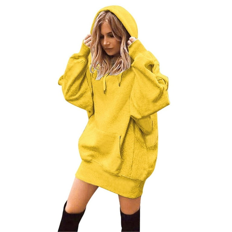 Oversized Hoodie Dress Womens Fleece Lined Long Sleeve Drawstring Plain Hooded Sweatshirts Pocket Pullover Top Small Yellow