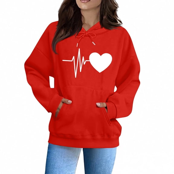 Valentines Hoodie for Women Love Heart Hooded Oversized Sweatshirts Long Sleeve Valentines the Day Valentine's Day Blouse Deep Red 2XL