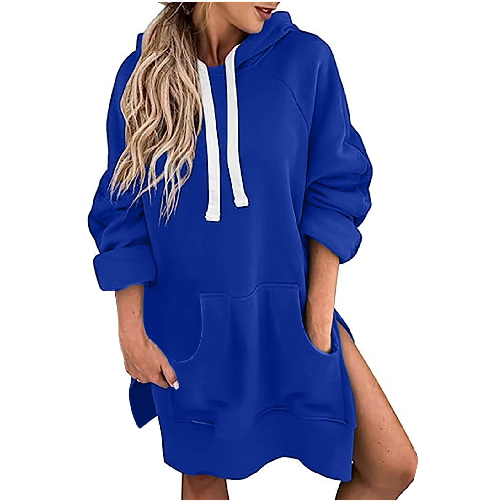 Oversized Hoodie Dress for Women with Slit Plain Pullover Drawstring Hooded Sweatshirt Mini Dress with Pocket Medium Blue Walmart