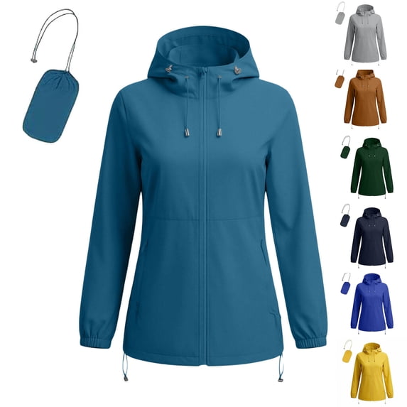 Oversized Hoodie Jacket Ndbuld Women's Zipper Hooded Long Sleeved Solid Color Waterproof Raincoat Jacket Overcoat Navy XL