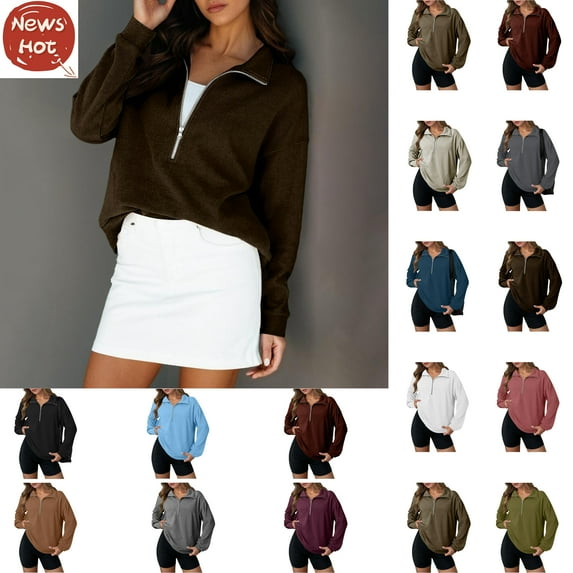 Oversized Hoodie, Ladies Long Sleeve Lapel Half Zipper Solid Color Pocket Temperament Top, Dark Brown M