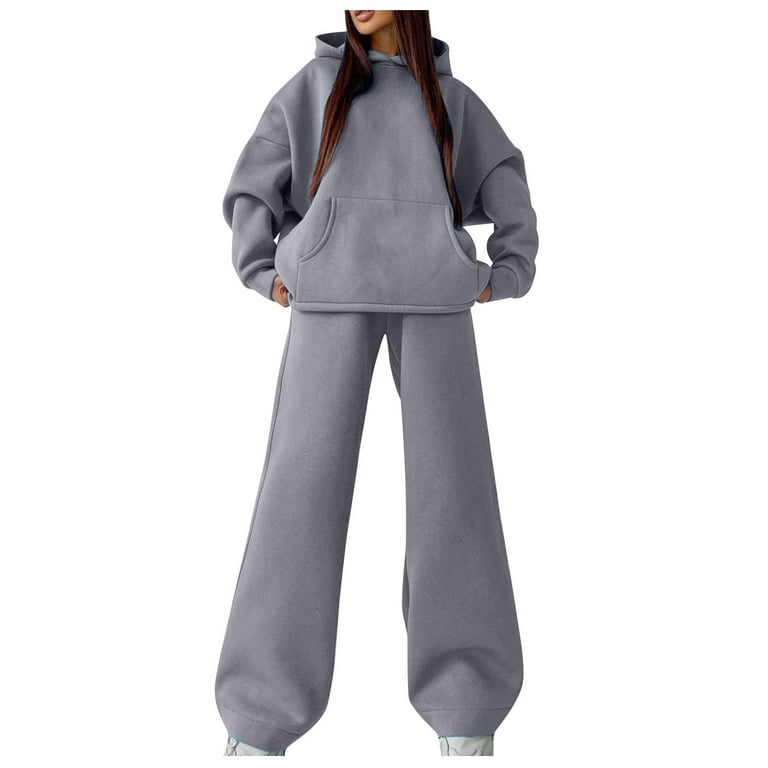 Oversized Hoodie Sets with Wide Leg Pants for Women Sportswear Loose Plain  Sweatshirt and Sweatpant Lounge Outfits (X-Large, Gray) 