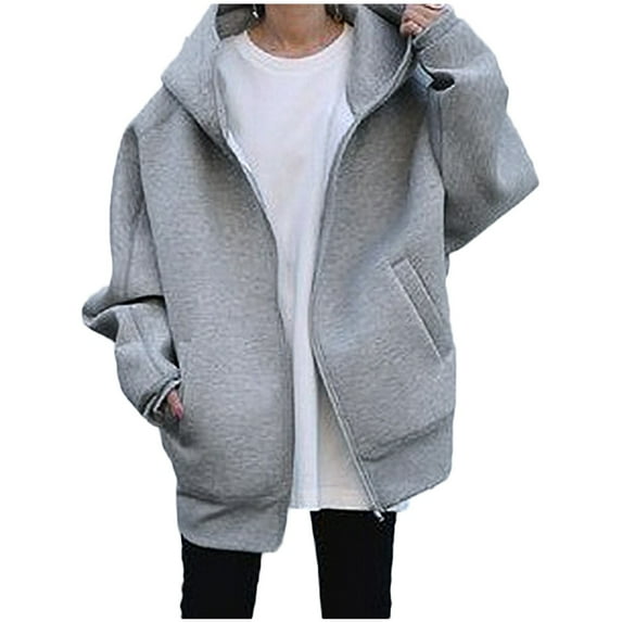 Oversized Hoodie Women Full Zip Up Fleece Lined Jackets Long Sleeve Hoody Top Womens Warm Baggy Sweatshirts Fall Winter Cardigan Zipped Thermal Outerwear gray XXL