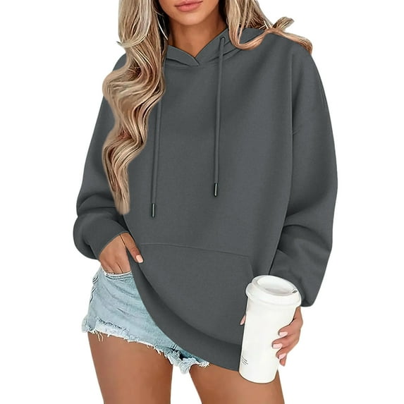 Oversized Hoodie Women Plain Fleece Pullover Hooded Sweatshirt with Pockets Casual Long Sleeve Sweat Shirts Y2k Tops Dark Gray XL