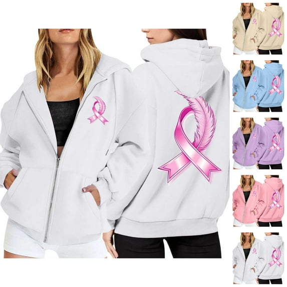 Oversized Hoodie Women Y2K Cropped Zip Up Womens Sweatshirt Casual Women's With Pockets Cancer Awareness Pullover Soft Warm Comfortable Athletic For