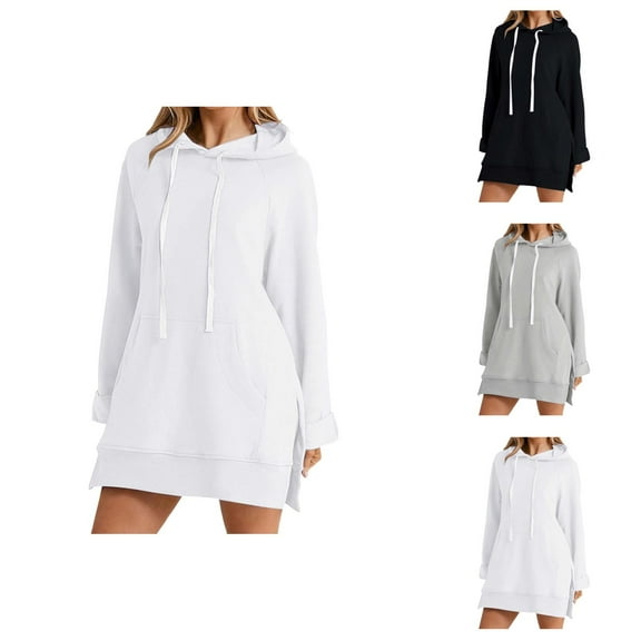 Oversized Hoodie Womens Hoodie Casual Sweatshirt Zip Up Hoodie Lightweight Wear Long Sleeve Solid Color Pocket Hoodie Dress For Women Casual Loose Fit Sweatshirt Dress With Hood Fall Winter Fashion